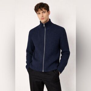 Sandro Men's Navy Ribbed Zip-Up Wool Blend Sweater size M